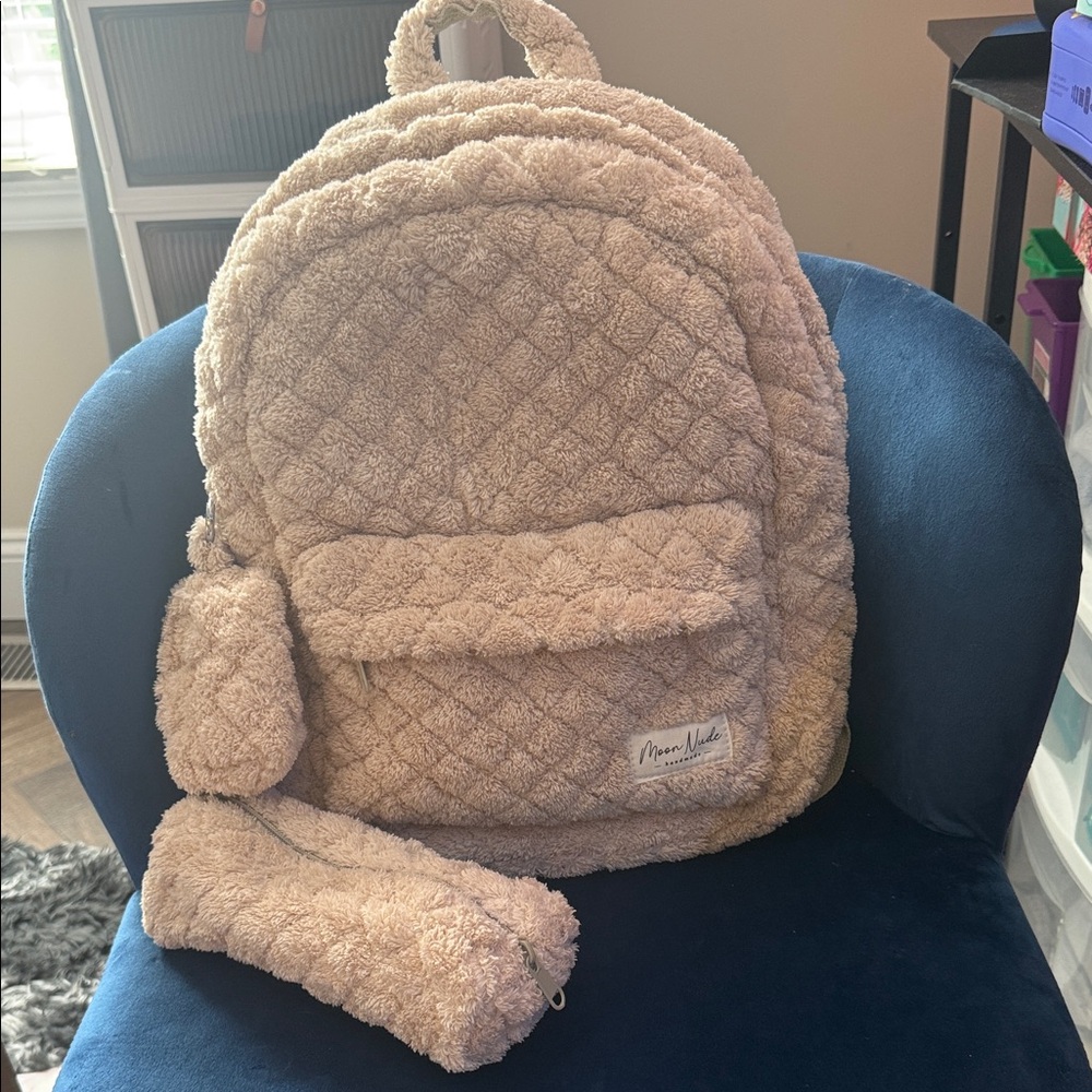 Moon Nude Teddy Plush Quilted Backpack in Beige & Pencil Case & Keychain